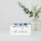 Dusty Blue Navy Pastel Flowers Weddenschap Details Informatiekaartje (Staand voorkant)