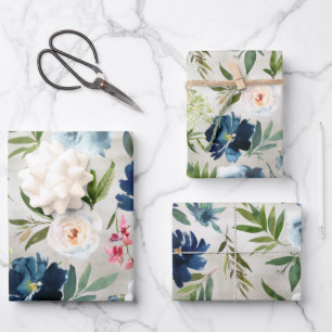 Dusty Blue & Navy Peony Floral Greenery Garden Inpakpapier Vel