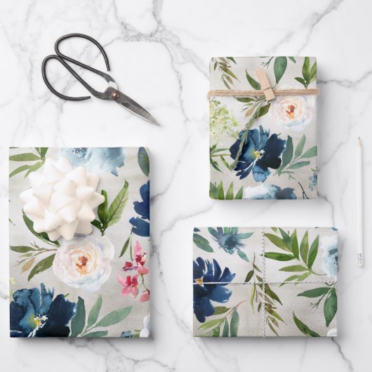 Dusty Blue & Navy Peony Floral Greenery Garden Inpakpapier Vel (Voorkant)