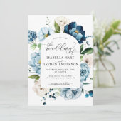 Dusty Blue Navy pioen alles in 1 QR Code bruiloft Kaart (Staand voorkant)