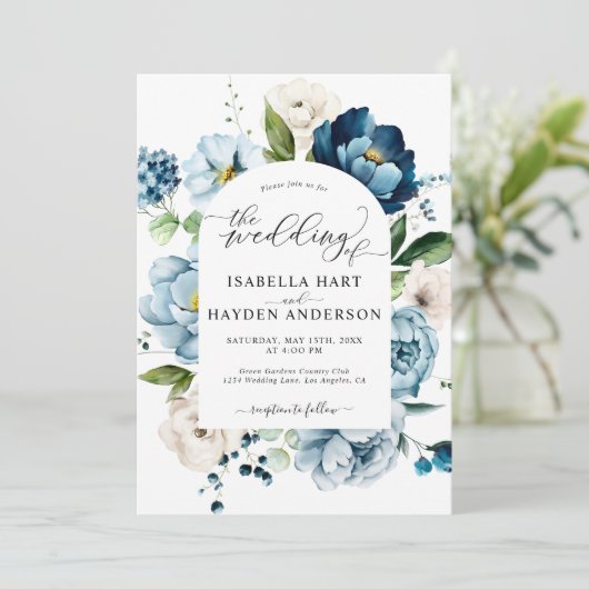 Dusty Blue Navy pioen alles in 1 QR Code bruiloft Kaart (Staand voorkant)