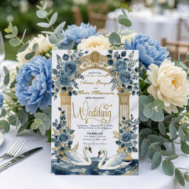 Dusty Blue Navy Rose Faux Gold Garden  Wedding Kaart