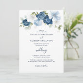 Dusty Blue Navy Script Floral Wedding Kaart (Staand voorkant)