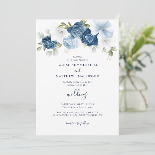 Dusty Blue Navy Script Floral Wedding Kaart (Staand voorkant)