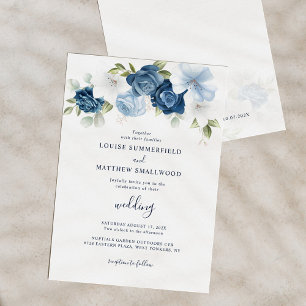 Dusty Blue Navy Script Floral Wedding Kaart