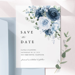 Dusty Blue Navy Watercolor Floral Elegant Save The Date