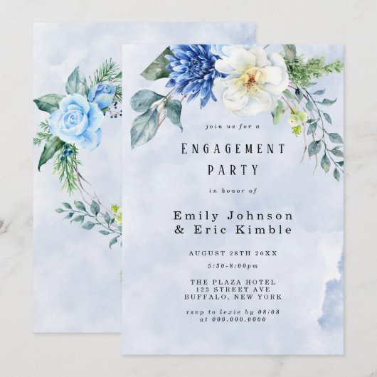 Dusty Blue Navy Waterverf Floral Engagement Party Kaart (Voorkant / Achterkant)