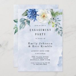 Dusty Blue Navy Waterverf Floral Engagement Party Kaart