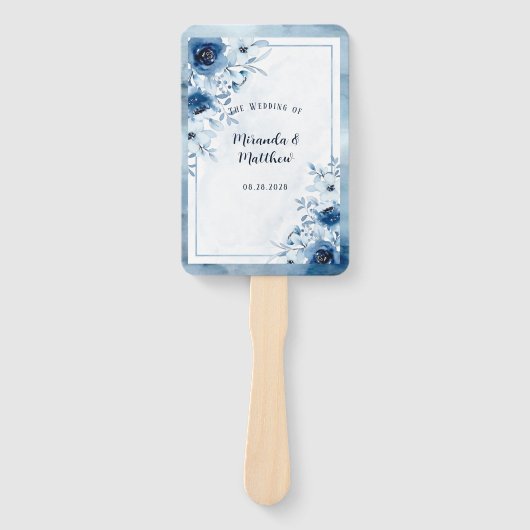Dusty Blue & Navy Waterverf Floral Wedding Handwaaier (Voorkant)