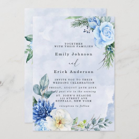 Dusty Blue Navy Waterverf Peonies Wedding Kaart (Voorkant / Achterkant)