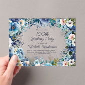 Dusty Blue Navy White Floral 100e verjaardag Acryl Uitnodigingen (Insitu (Draagbaar))