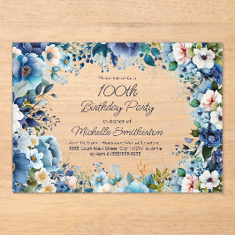 Dusty Blue Navy White Floral 100e verjaardag Acryl Uitnodigingen