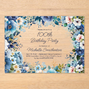 Dusty Blue Navy White Floral 100e verjaardag Acryl Uitnodigingen