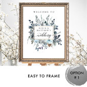 Dusty Blue, Navy White Floral Wedding Welcome Sign Poster