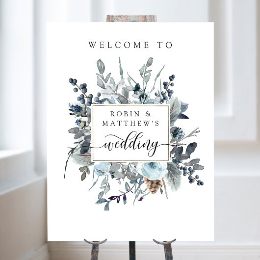 Dusty Blue, Navy White Floral Wedding Welcome Sign Poster