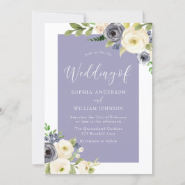 Dusty Blue Navy & White Flowers Wedding Invitation Kaart