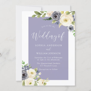 Dusty Blue Navy & White Flowers Wedding Invitation Kaart