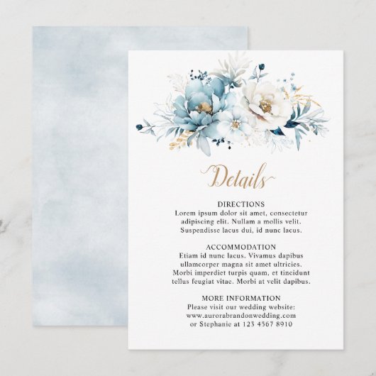 Dusty Blue Navy White Ivory Gold Floral Wedding Informatiekaartje (Voorkant / Achterkant)