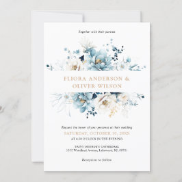 Dusty Blue Navy White Ivory Gold Floral Wedding Kaart