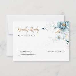 Dusty Blue Navy White Ivory Gold Floral Wedding RSVP Kaartje