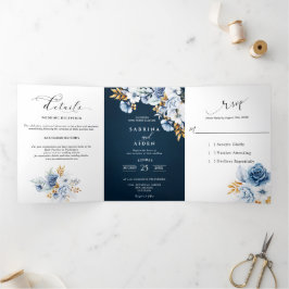 Dusty Blue Navy Wit Goud Bloemen Bruiloft Drieluik Aankondiging