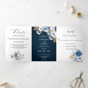Dusty Blue Navy Wit Goud Bloemen Bruiloft Drieluik Aankondiging