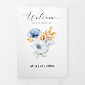 Dusty Blue Navy Wit Goud Bloemen Bruiloft Drieluik Aankondiging (Cover)