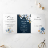 Dusty Blue Navy Wit Goud Bloemen Bruiloft Drieluik Aankondiging (Binnen)