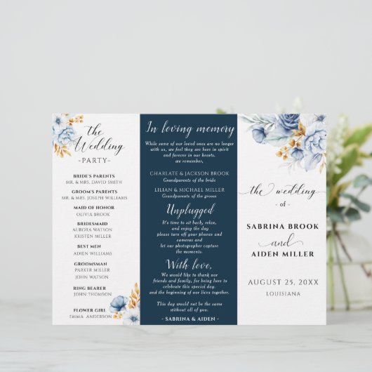 Dusty Blue Navy Wit Goud Bloemen Trouwprogramma (Staand voorkant)