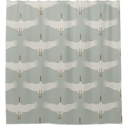 Dusty Blue Neutral Birds Cranes Art Deco Patroon Douchegordijn (Voorkant)