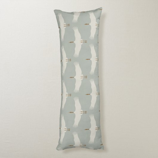 Dusty Blue Neutral Birds Cranes Art Deco Patroon Lichaamskussen (Achterkant (Verticaal))