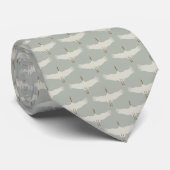 Dusty Blue Neutral Birds Cranes Art Deco Patroon Stropdas (Opgerold)