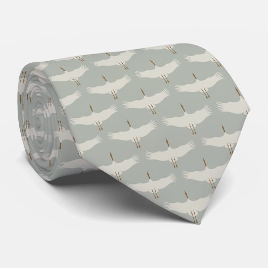 Dusty Blue Neutral Birds Cranes Art Deco Patroon Stropdas (Opgerold)