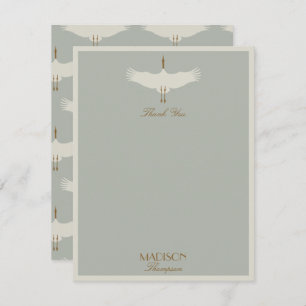 Dusty Blue Neutral Birds Zwanen Art Deco Monogram Bedankkaart