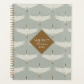 Dusty Blue Neutral Birds Zwanen Art Deco Monogram Planner (Voorkant)