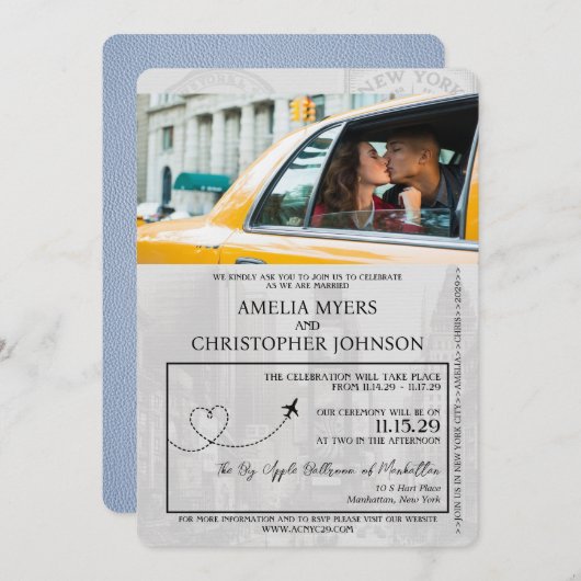 Dusty Blue New York Passport Wedding Kaart (Voorkant / Achterkant)