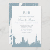 Dusty Blue NYC skyline urban bruiloft uitnodiging (Voorkant / Achterkant)