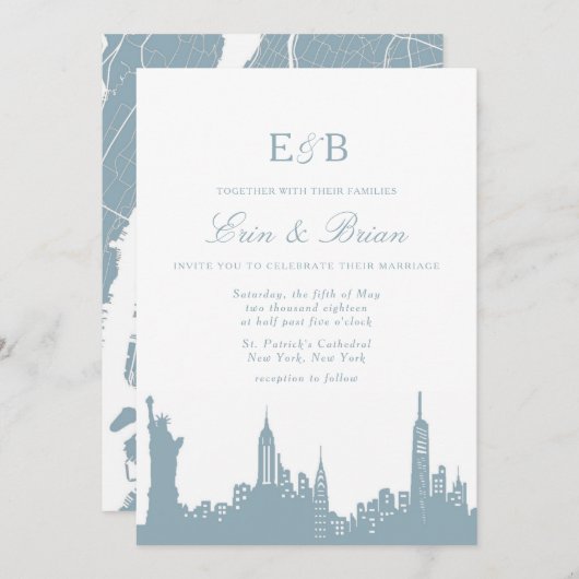 Dusty Blue NYC skyline urban bruiloft uitnodiging (Voorkant / Achterkant)