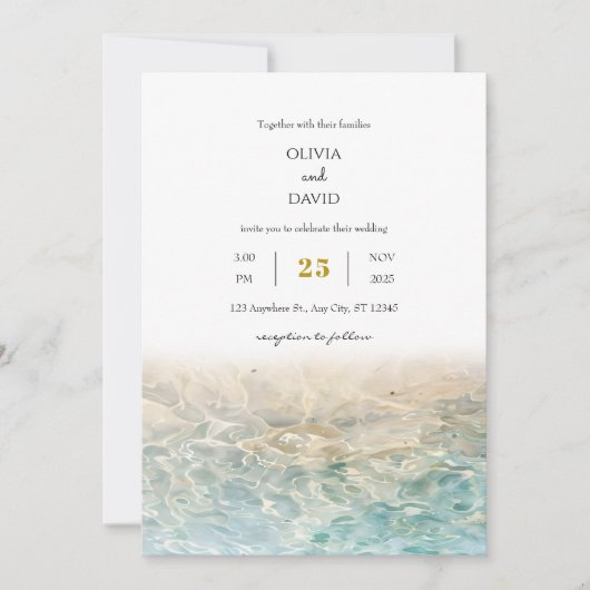 Dusty Blue Ocean Ripples White Sandy Beach Wedding Kaart (Voorkant)