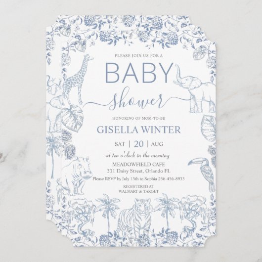Dusty Blue Oerwoud Animals Toile Baby shower Kaart (Voorkant / Achterkant)