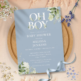 Dusty Blue Oh Boy Botanical Greenery Baby shower Kaart