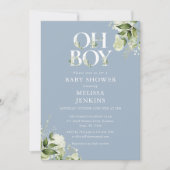 Dusty Blue Oh Boy Greenery Foto Baby shower Kaart (Voorkant)
