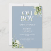 Dusty Blue Oh Boy Greenery QR Code Baby shower Kaart (Voorkant)