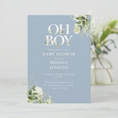 Dusty Blue Oh Boy Greenery QR Code Baby shower Kaart (Staand voorkant)