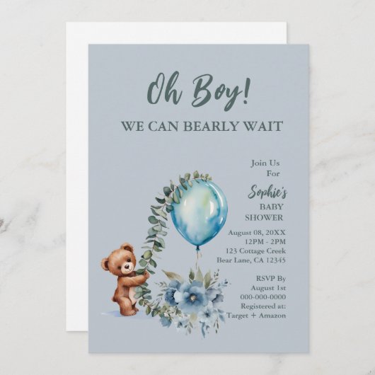 Dusty Blue Oh Boy We Can Barly Wait Baby shower Kaart (Voorkant / Achterkant)