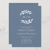 Dusty Blue Olive Branch Monogram krans bruiloft Kaart (Voorkant / Achterkant)