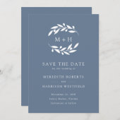 Dusty Blue Olive Branch Monogram krans bruiloft Save The Date (Voorkant / Achterkant)