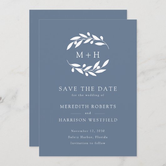Dusty Blue Olive Branch Monogram krans bruiloft Save The Date (Voorkant / Achterkant)