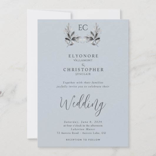 Dusty Blue Olive Branch Monogram Photo Wedding  Kaart (Voorkant)