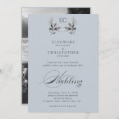Dusty Blue Olive Branch Monogram Photo Wedding  Kaart (Voorkant / Achterkant)